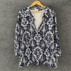 Alfred Dunner Womens Button Up Shirt With Tank Size 3X Blue White Medallion
